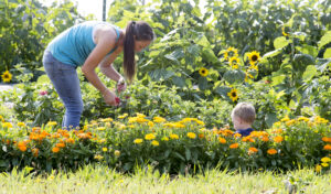 Mother and son picking flowers at Sustainable Nantucket