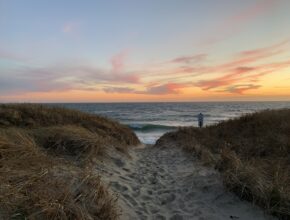 Ladies Beach path to the ocean at sunset.