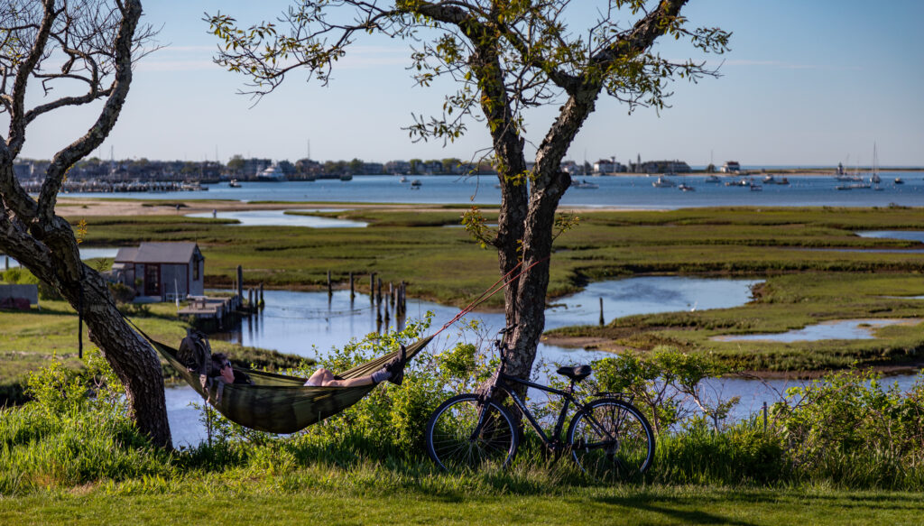 A visitor enjoying the Creeks Preserve view from a hammock